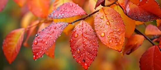 Sticker - A closeup image of a tree branch with red and yellow leaves, adorned with water drops. The vibrant tints and shades of the petals create a beautiful natural landscape