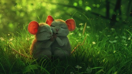 Sticker -  a couple of mice sitting on top of a lush green grass covered grass covered in lots of tiny white flowers.