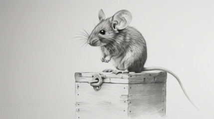 Wall Mural -  a pencil drawing of a mouse sitting on top of a piece of wood with a key in it's mouth.