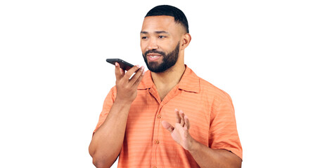 Poster - Happy man, voice and phone call with talking on loudspeaker, communication and online connection. Model, speaking and cellphone with networking, social and isolated on a transparent png background