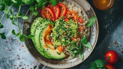 Sticker -  a bowl filled with rice, avocado, tomatoes, and sprinkles on top of a table.