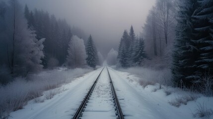 Poster -  a train track in the middle of a forest with snow on the ground and trees on both sides of the tracks.