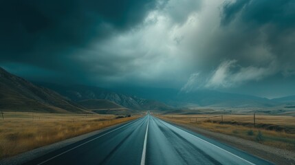 Poster -  an empty road in the middle of a field with mountains in the background and a dark sky filled with clouds.