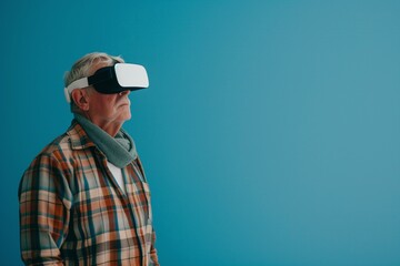 Western Caucasian Senior Old Male Wearing VR Headset, Enjoying Virtual Reality Experience on Flat Teal Background with Studio Lighting. Horizontal Photo Banner (3:2) with Empty Copy Space