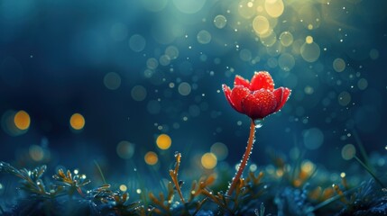 Canvas Print - a red flower sitting on top of a patch of grass covered in drops of water on a blue and green background.