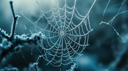 Wall Mural - a close up of a spider web with drops of dew on the top of the spider web, with a blurry background.