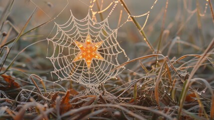 Wall Mural - a close up of a spider web on the ground with dew drops on the spiderweave and a yellow star in the center of the web.