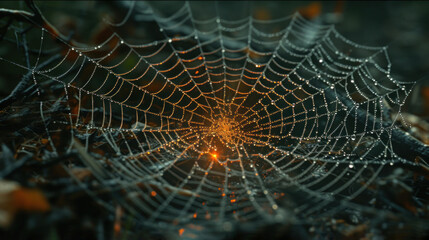 Wall Mural - a close up of a spider web with drops of dew on the spider's web, in the middle of the night.