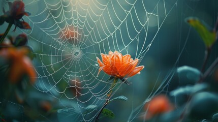 Wall Mural - a close up of a spider web with an orange flower in the center of the web with water droplets on it.