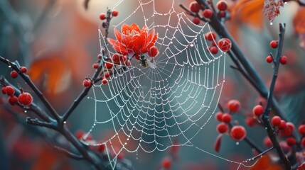 Poster - a close up of a spider web with a red flower in the center of the web on a tree branch.