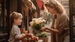 Tender gesture: child gifts flowers to mom in mother's day tribute