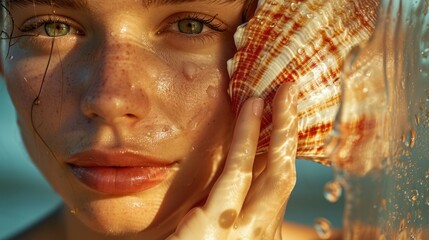 Wall Mural - a close up of a woman holding a seashell in front of her face with water splashing on her face.