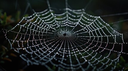 Wall Mural - a close up of a spider web with drops of water on the spider's web in the center of the web.