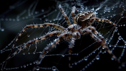 Wall Mural - a close up of a spider with drops of water on it's back and a black background behind it.