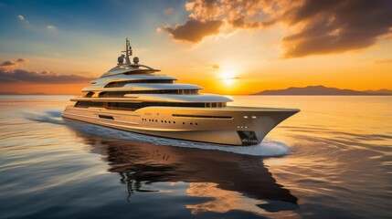 Sticker - A luxury mega yacht with golden glass in the ocean at a sunset