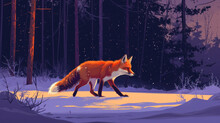 A Painting Of A Fox Walking In The Snow In Front Of A Forest With Snow Flakes On The Ground.