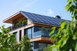 Modern eco friendly passive house with solar panels on rooftop. Home solar panel. Solar panels on roof of modern apartment building in city