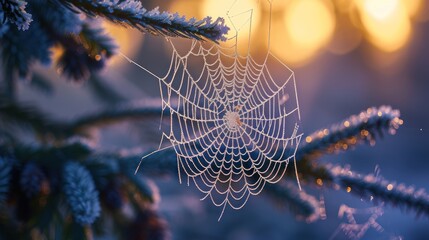 Wall Mural - a close up of a spider web on a pine tree with a blurry background of snow on the branches.