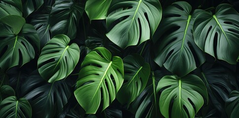 Wall Mural - Photo Background of monstera leaves. Green combined with shades of black. generative AI