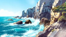 A Coastal Cliffside View With Crashing Waves And Rugged Rocks. Fantasy Landscape Anime Or Cartoon Style, Seamless Looping 4k Time-lapse Virtual Video Animation Background