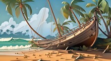 Shipwreck On Tropical Island. Old Sailboat Vector Cartoon Illustration