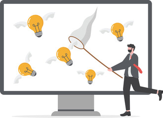 Capture new business ideas, search for innovation or creativity, brainstorm or invent new discovery project concept, smart businessman chasing and catch flying lightbulb ideas with butterfly net.

