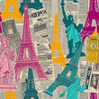 Travel themed collage newspaper collage scrapbook moodboard repeat pattern, Europe, USA, world	