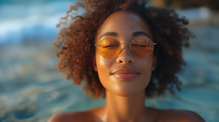 Wall Mural - Close-up portrait of a smiling young women on the background of the sea.