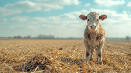 Poster - a brown and white cow standing on top of a dry grass field in front of a blue sky with clouds.