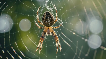 a close up of a spider on it's web in the middle of it's cobwe.
