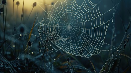 Wall Mural - a close up of a spider web in a field of grass with dew drops on the spider's web.