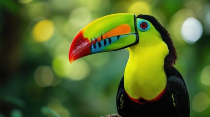 Poster - a colorful toucan sitting on top of a tree branch in front of a green and yellow forest background.