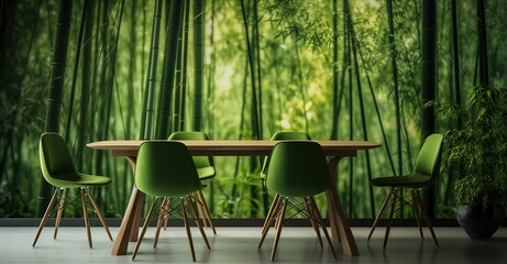 Wall Mural - A wooden table with a green bamboo forest background