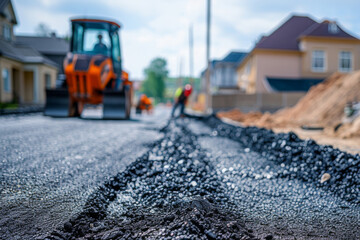 Worker are laying new asphalt road pavement in residential area. New road construction, maintenance, old potholed road rehabilitation, renovation