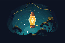 A Lantern Hanging From A String In The Night Sky