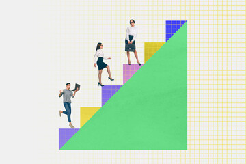 Sticker - Horizontal photo collage picture of diligent motivated people run go work hard look forward climb stairs upwards on checkered background