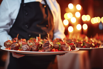 Waiter with uniform serving delicious dish in a restaurant