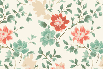 Wall Mural - a floral wallpaper with red and green flowers on a white background