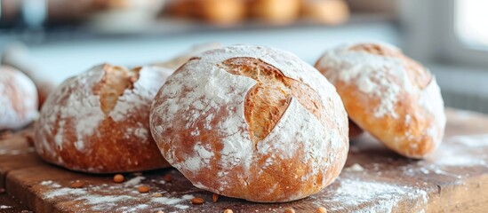 Poster - Three rolls of bread placed on a wooden cutting board, a staple food made from natural ingredients. Perfect for various cuisines and recipes