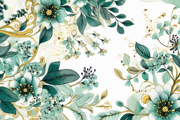 a floral wallpaper with blue flowers and green leaves