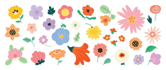 Wall Mural - Collection of spring colorful flower elements vector. Set floral of wildflower, leaf branch, foliage on white background. Hand drawn blossom illustration for decor, easter, thanksgiving, clipart.