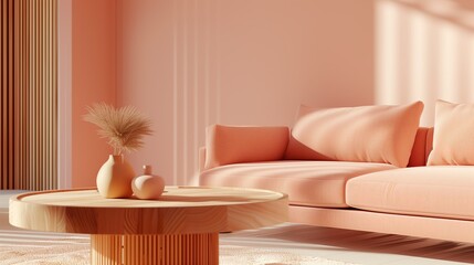 Wall Mural - Close-up of living room with wooden coffee table with a vase of dried flowers and cozy sofa. Interior in peach colors, soft sunlight and shadows.