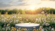 Blank product display podium with summer flowers field meadow on background. Beauty skincare cosmetics presentation. Organic natural concept.