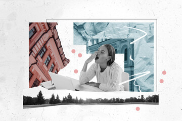 Wall Mural - Collage picture of black white colors tired bored girl yawning work desk netbook city buildings nature landscape isolated on creative background