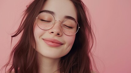 Sticker - A young woman with closed eyes wearing round glasses smiling with rosy cheeks and freckles against a soft pink background.