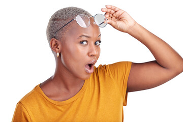 Wall Mural - Shock, news and portrait of black woman with gossip, announcement or secret with glasses. Face, surprise and African person with wow, wtf or omg expression isolated by transparent png background.