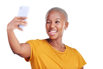 Poster - Social media, selfie and funny face of black woman in isolated background, transparent and technology. Girl, happy and phone for photography for post in app with internet for profile picture