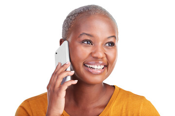 Poster - Happy black woman, phone call and communication with network and connectivity isolated on png transparent background. Smartphone, conversation or chat with smile, connection and contact for talk