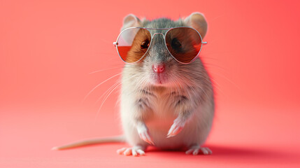 cute funny mouse in big sunglasses, funny photo, place for text, pink background