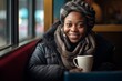 
Photo Joyful homeless woman, 30 years old, African-American, embracing the warmth of a local café, finding moments of happiness amid life's uncertainties